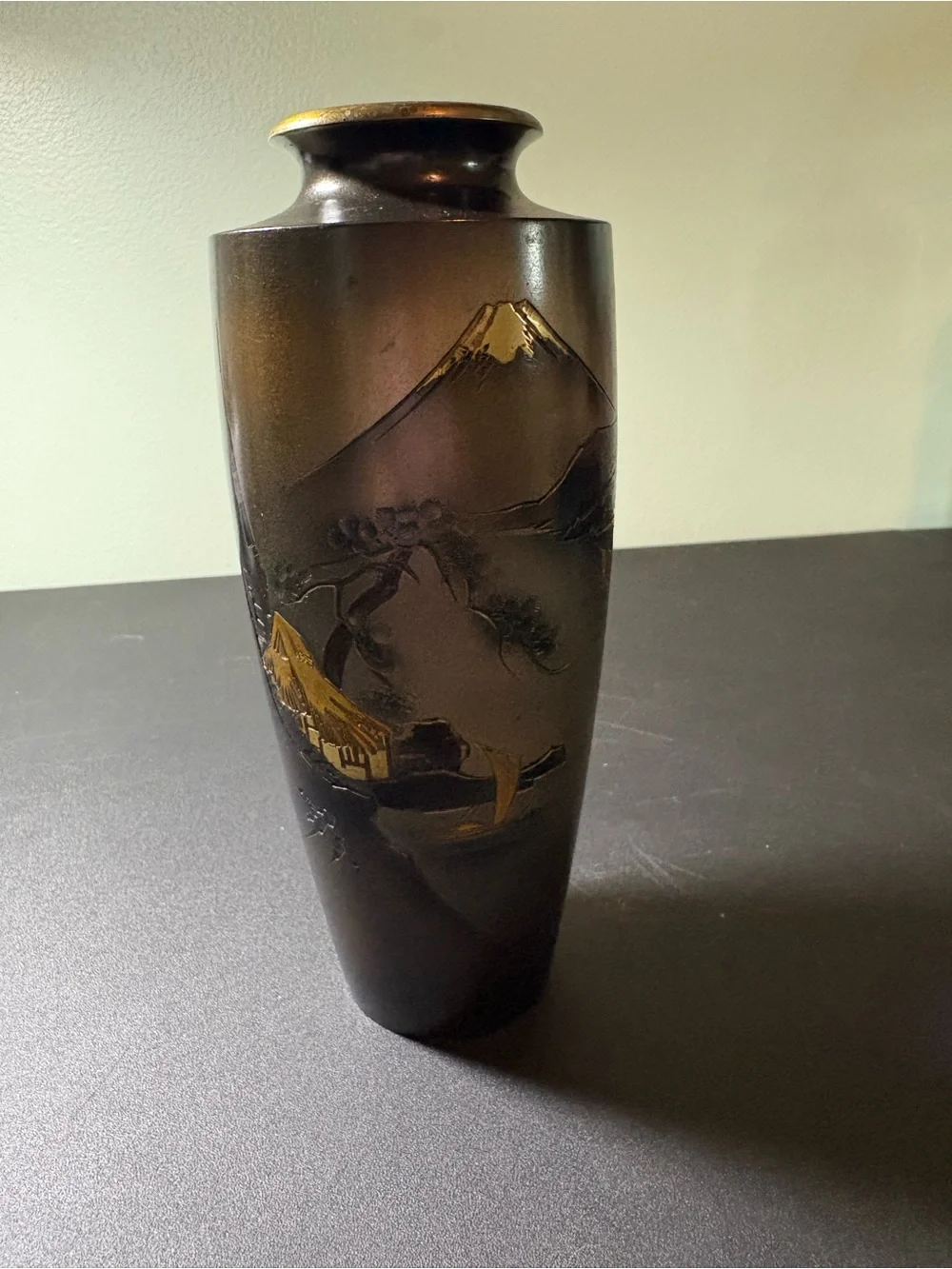 Vintage Metal Mountain Motif Decorative Vase - Signed